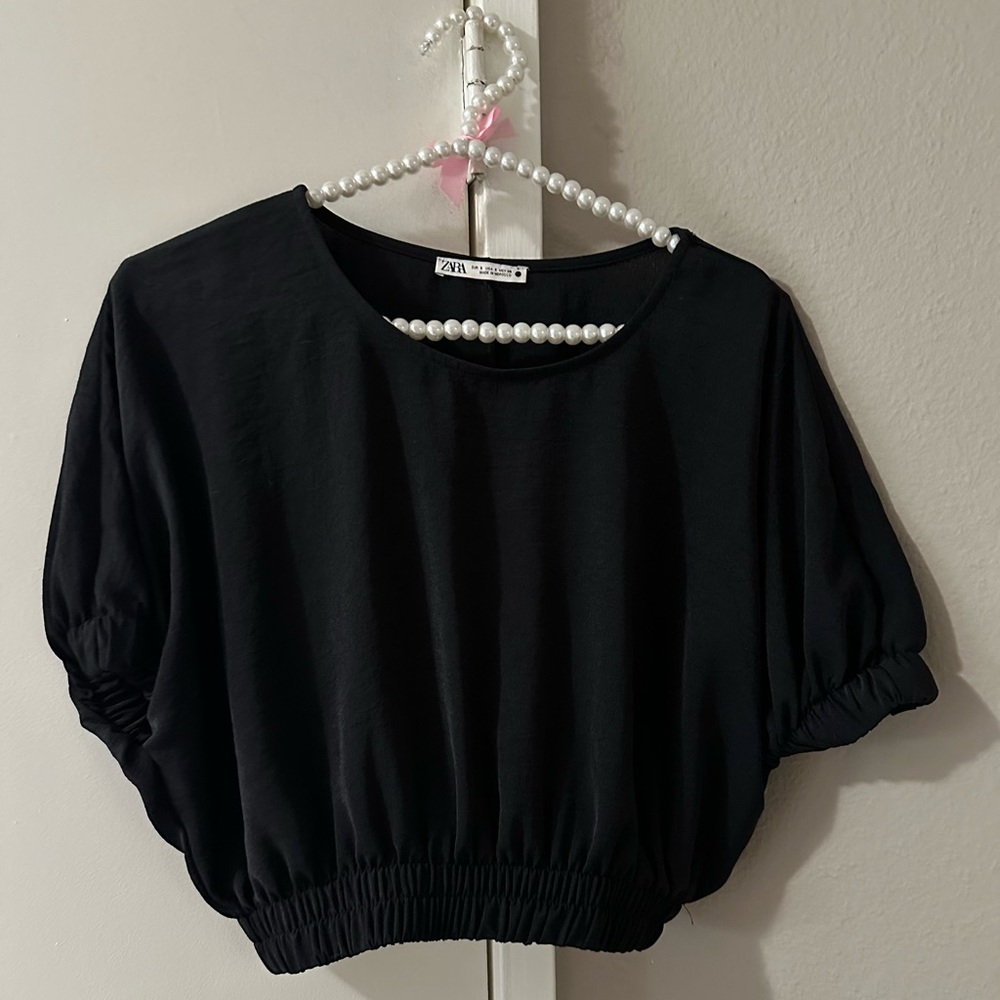 Zara Cropped Balloon Short Sleeve Blouse Top Black Size Small
